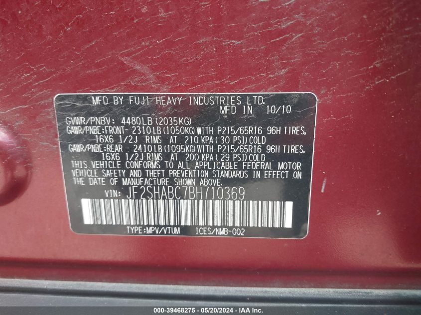 2011 Subaru Forester 2.5X VIN: JF2SHABC7BH710369 Lot: 39468275