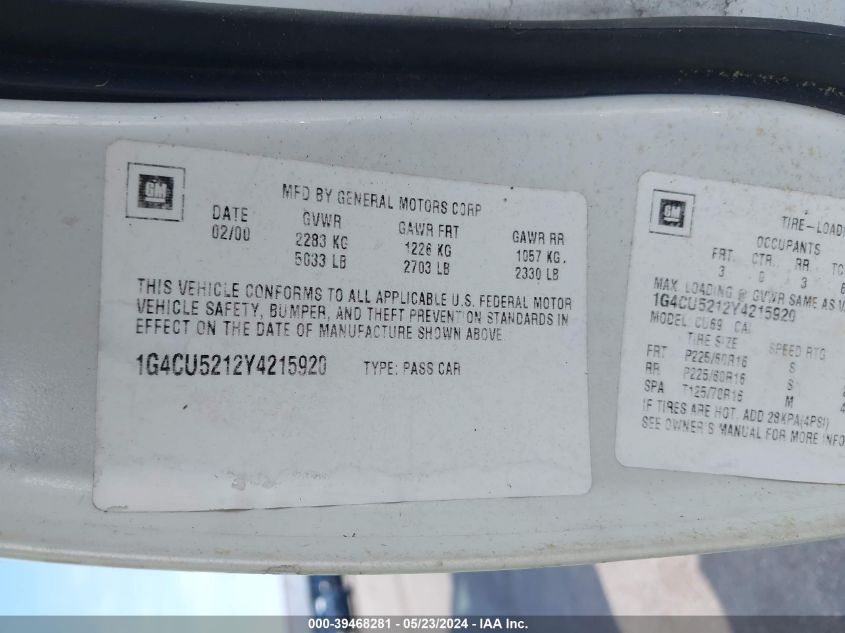 2000 Buick Park Avenue Ultra VIN: 1G4CU5212Y4215920 Lot: 39468281