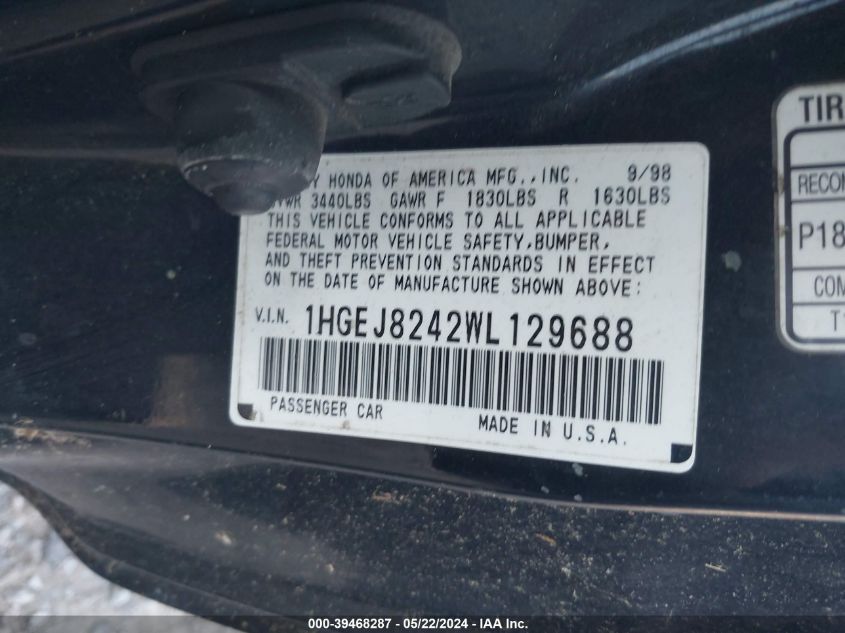 1998 Honda Civic Ex VIN: 1HGEJ8242WL129688 Lot: 39468287