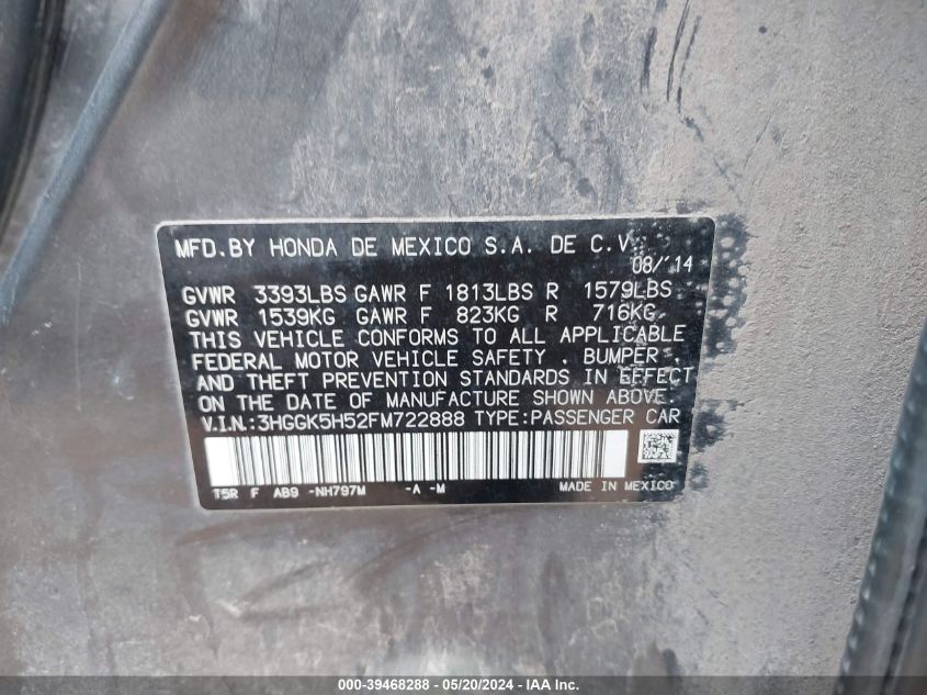 2015 Honda Fit Lx VIN: 3HGGK5H52FM722888 Lot: 39468288