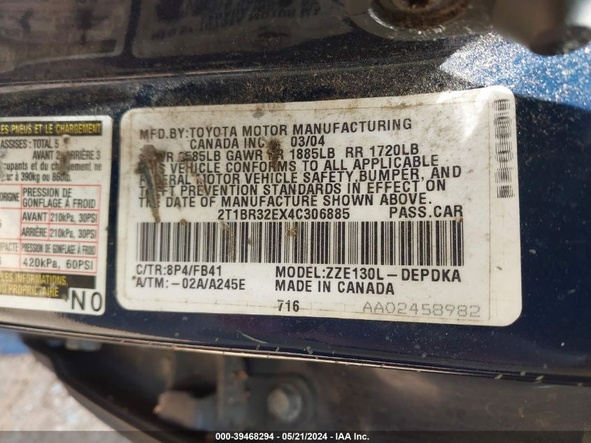 2004 Toyota Corolla Ce VIN: 2T1BR32EX4C306885 Lot: 39468294