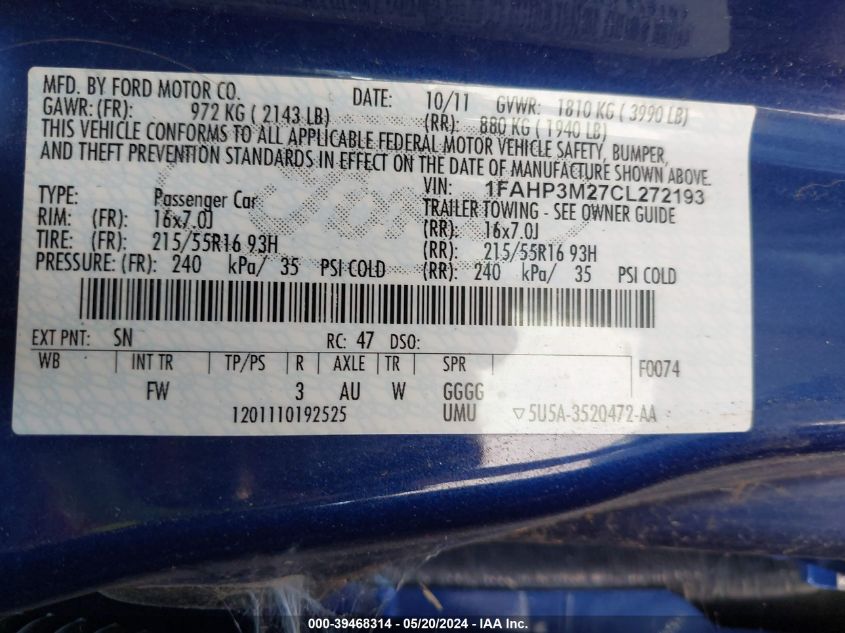 2012 Ford Focus Sel VIN: 1FAHP3M27CL272193 Lot: 39468314