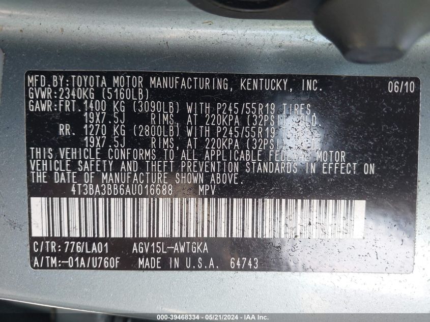 2010 Toyota Venza VIN: 4T3BA3BB6AU016688 Lot: 39468334