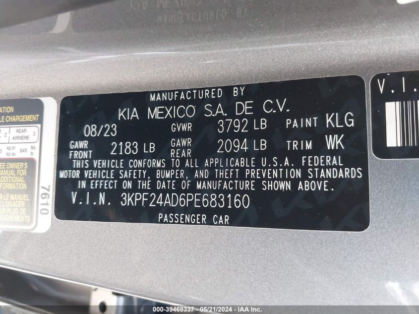 2023 Kia Forte Lxs VIN: 3KPF24AD6PE683160 Lot: 39468337