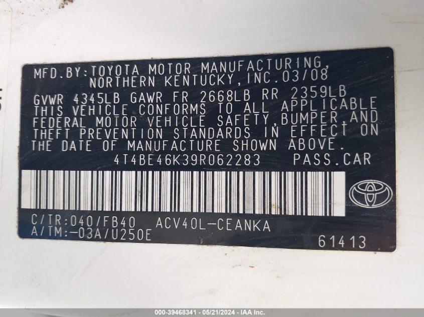 2009 Toyota Camry Le VIN: 4T4BE46K39R062283 Lot: 39468341