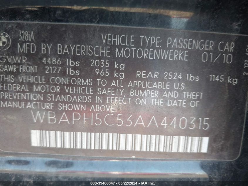 2010 BMW 328I VIN: WBAPH5C53AA440315 Lot: 39468347