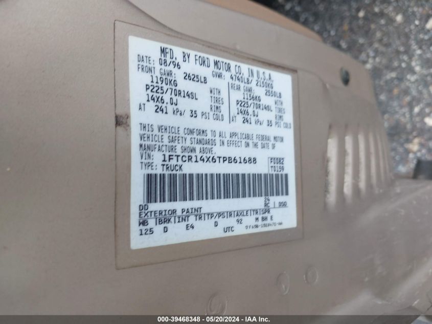 1996 Ford Ranger Super Cab VIN: 1FTCR14X6TPB61688 Lot: 39468348