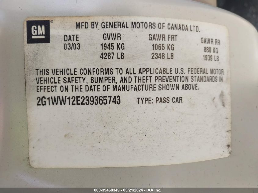 2003 Chevrolet Monte Carlo Ls VIN: 2G1WW12E239365743 Lot: 39468349