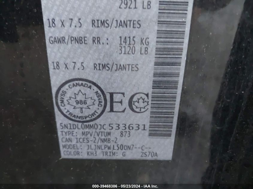 2018 Infiniti Qx60 VIN: 5N1DL0MM0JC533631 Lot: 39468386