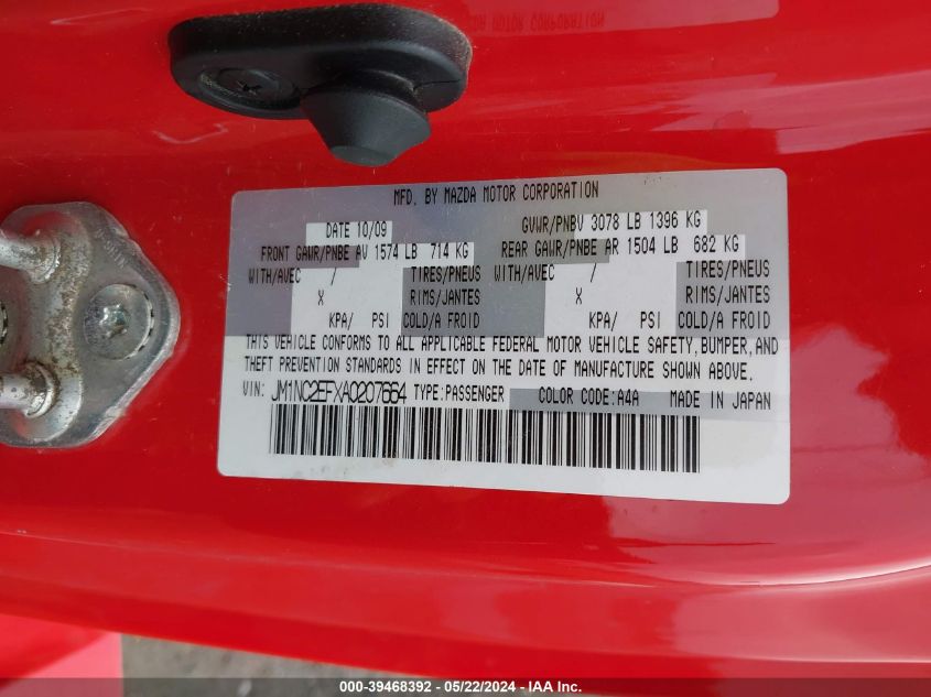 2010 Mazda Mx-5 Miata Grand Touring VIN: JM1NC2EFXA0207664 Lot: 39468392