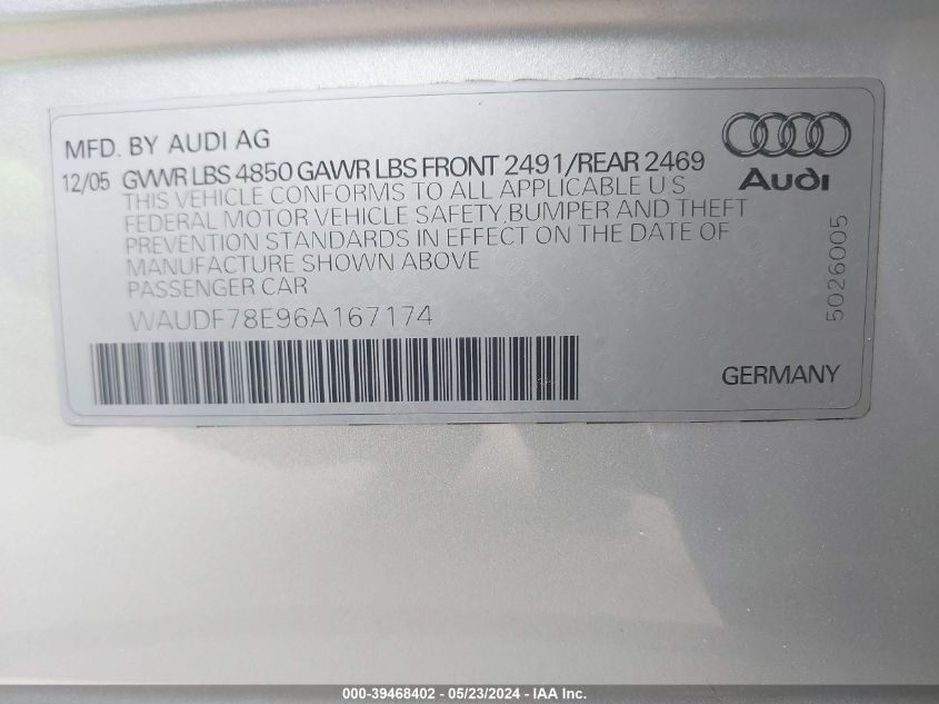 2006 Audi A4 2.0T VIN: WAUDF78E96A167174 Lot: 39468402