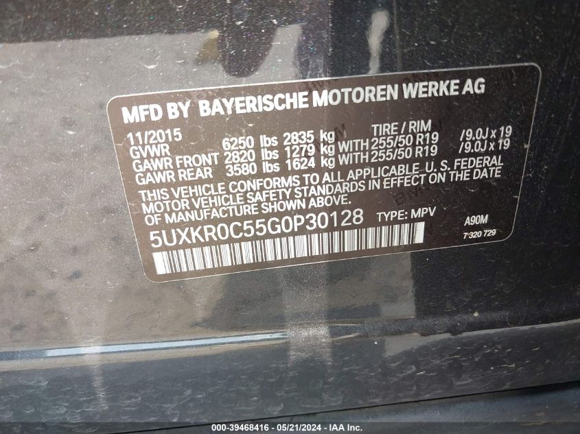 2016 BMW X5 xDrive35I VIN: 5UXKR0C55G0P30128 Lot: 39468416
