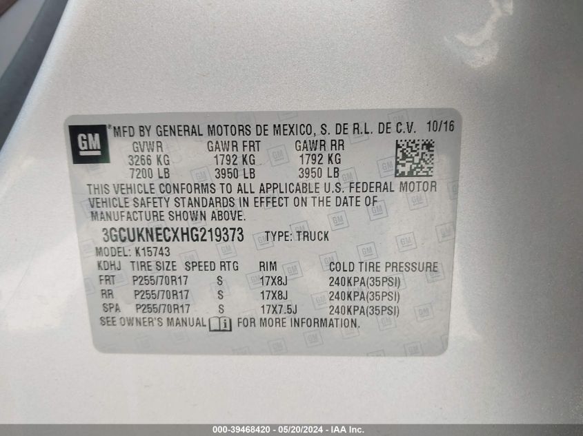 2017 Chevrolet Silverado 1500 Ls VIN: 3GCUKNECXHG219373 Lot: 39468420