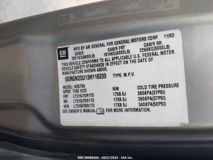 2003 Hummer H2 VIN: 5GRGN23U13H116239 Lot: 39468424