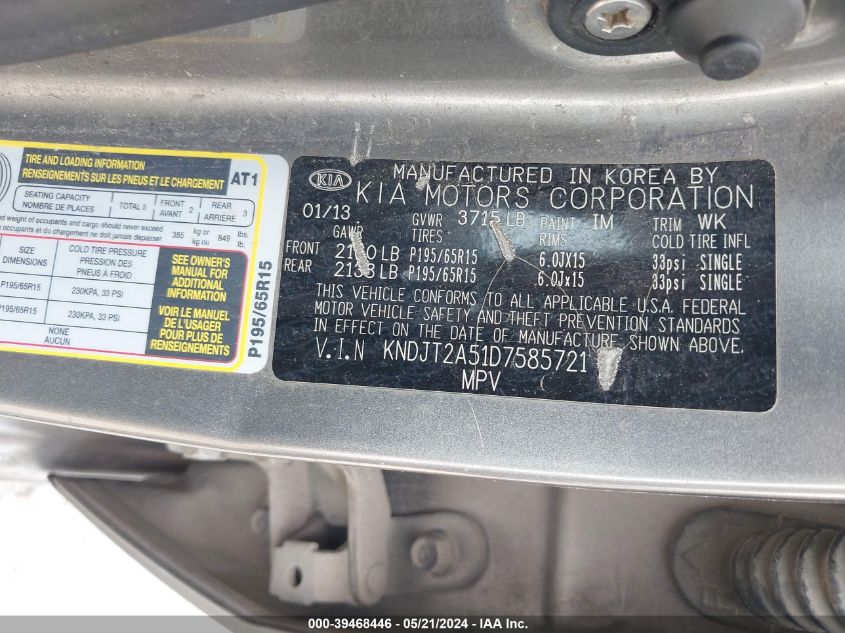 2013 Kia Soul VIN: KNDJT2A51D7585721 Lot: 39468446