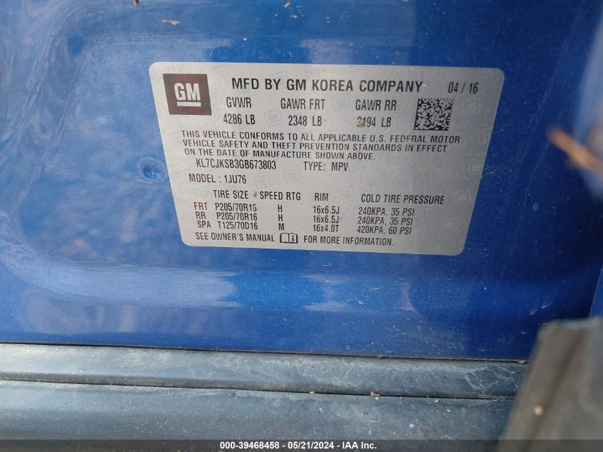 2016 Chevrolet Trax 1Ls VIN: KL7CJKSB3GB673803 Lot: 39468458