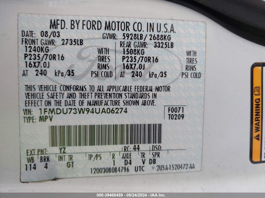 2004 Ford Explorer Nbx/Xlt VIN: 1FMDU73W94UA06274 Lot: 39468459