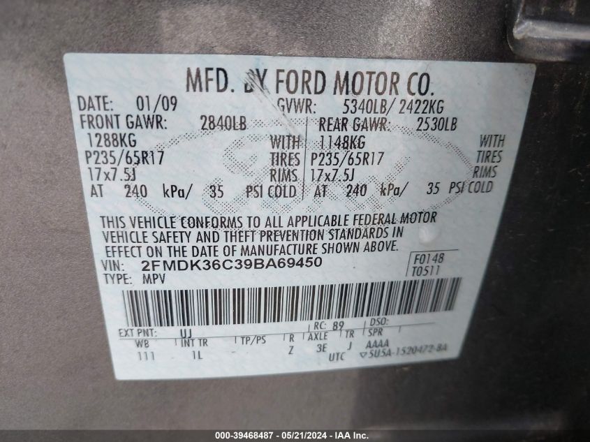 2FMDK36C39BA69450 2009 Ford Edge Se