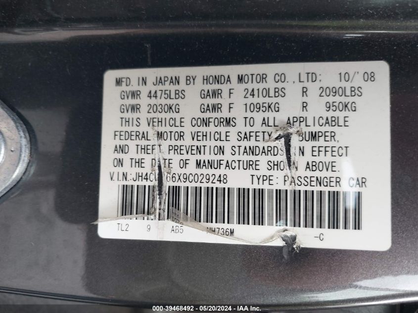 JH4CU266X9C029248 2009 Acura Tsx