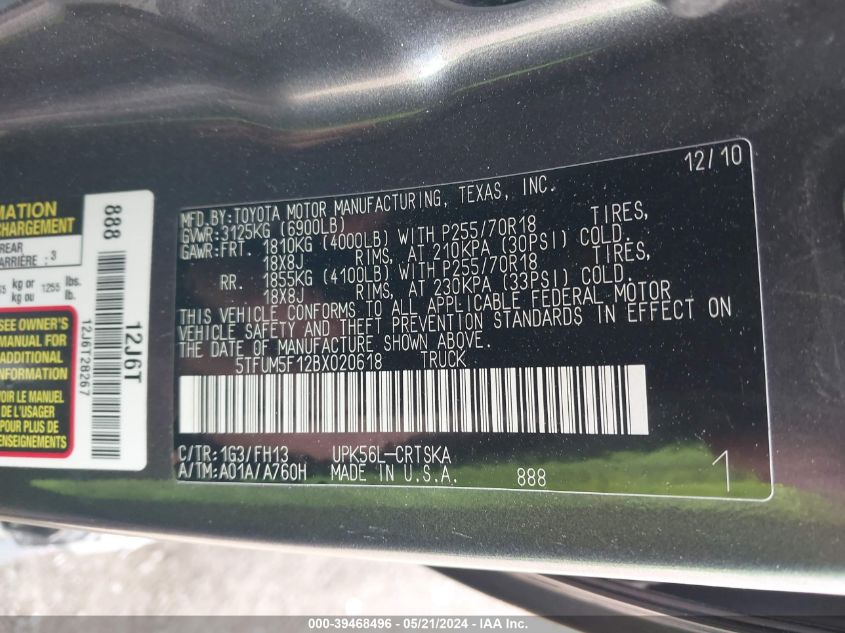 2011 Toyota Tundra Grade 4.6L V8 VIN: 5TFUM5F12BX020618 Lot: 39468496