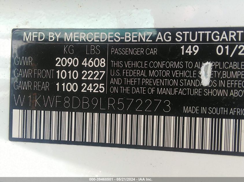 2020 Mercedes-Benz C 300 VIN: W1KWF8DB9LR572273 Lot: 39468501