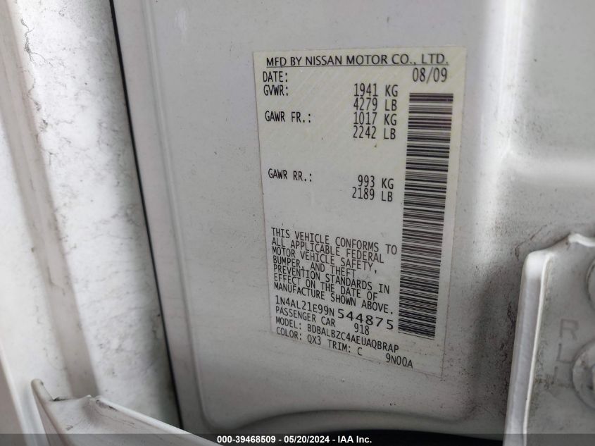 2009 Nissan Altima 2.5 S VIN: 1N4AL21E99N544875 Lot: 39468509