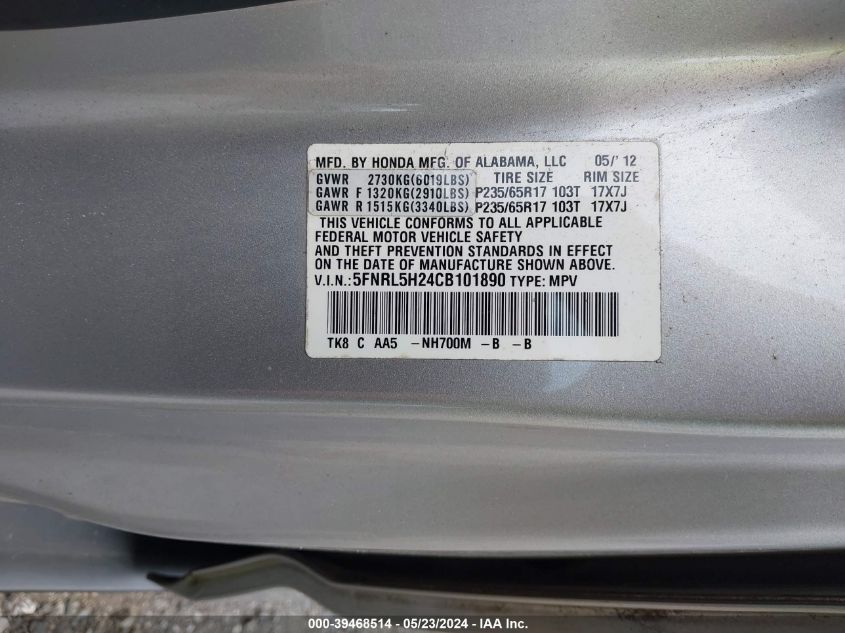 2012 Honda Odyssey Lx VIN: 5FNRL5H24CB101890 Lot: 39468514