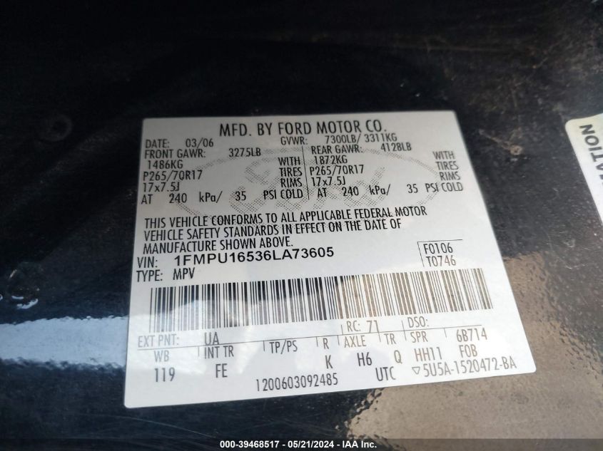 2006 Ford Expedition Xlt/Xlt Sport VIN: 1FMPU16536LA73605 Lot: 39468517