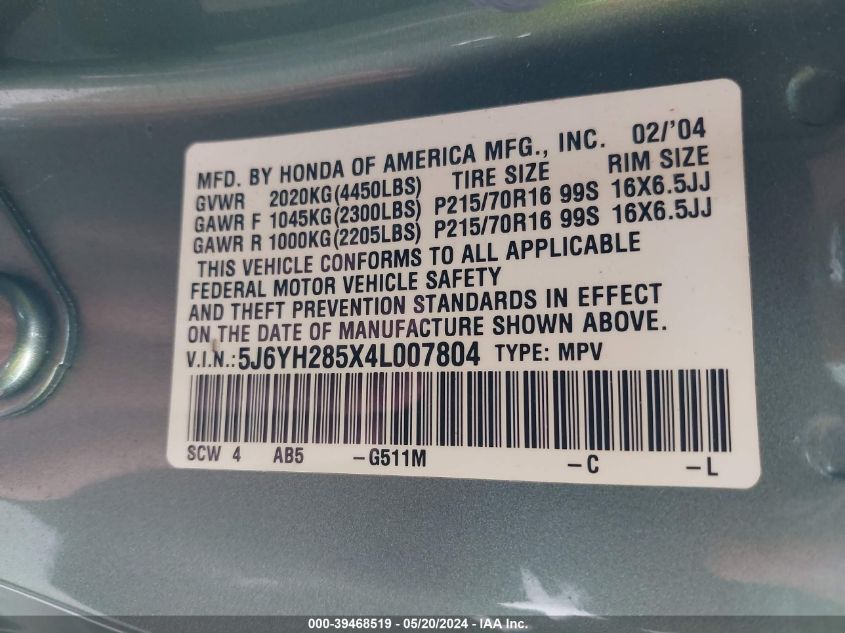 2004 Honda Element Ex VIN: 5J6YH285X4L007804 Lot: 39468519