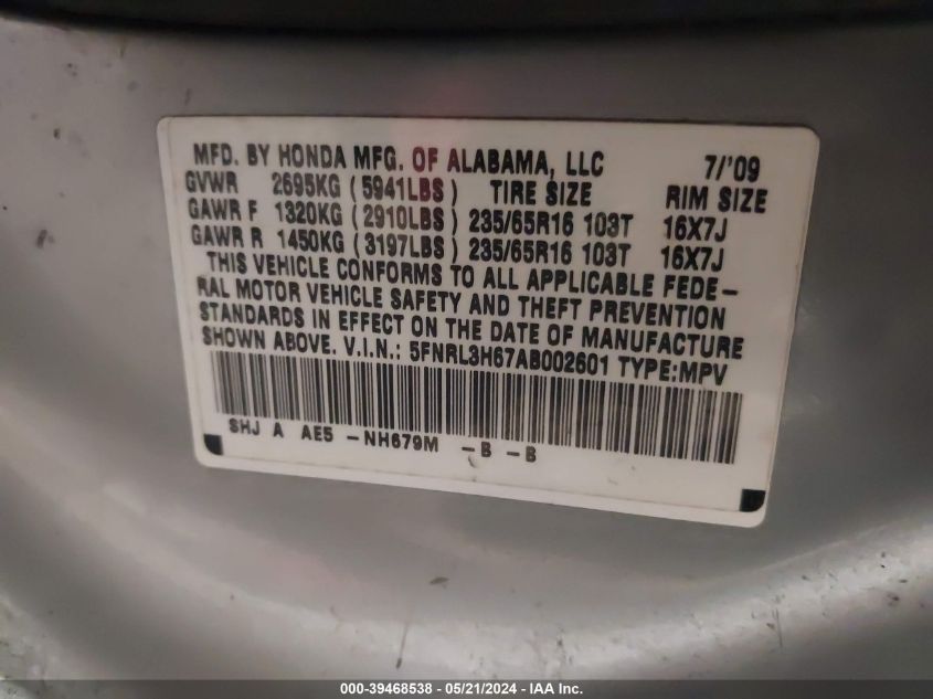 2010 Honda Odyssey Ex-L VIN: 5FNRL3H67AB002601 Lot: 39468538