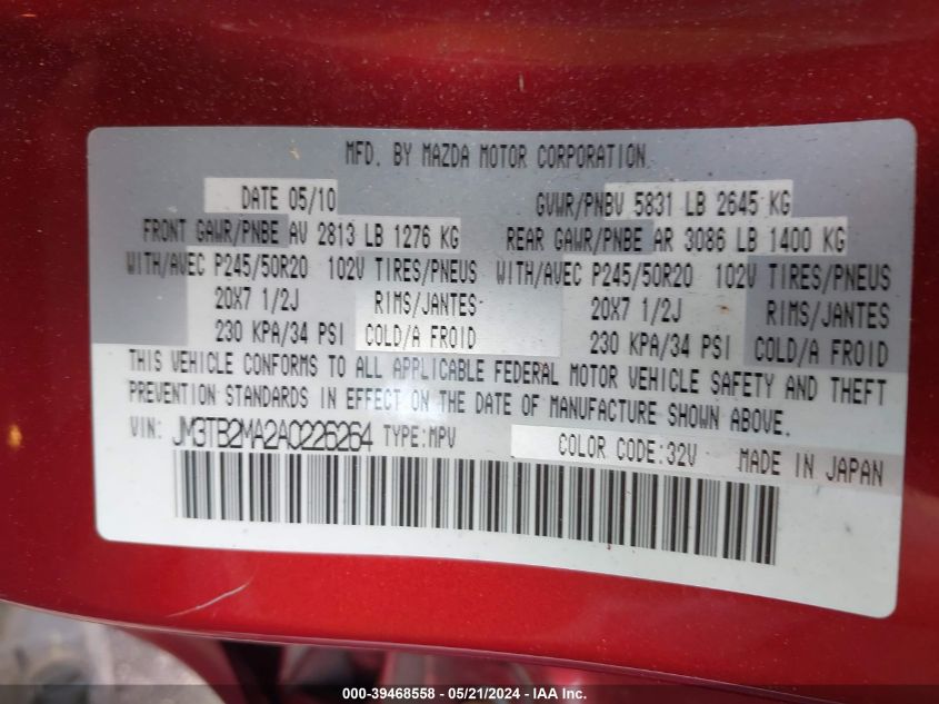 2010 Mazda Cx-9 Grand Touring VIN: JM3TB2MA2A0226264 Lot: 39468558