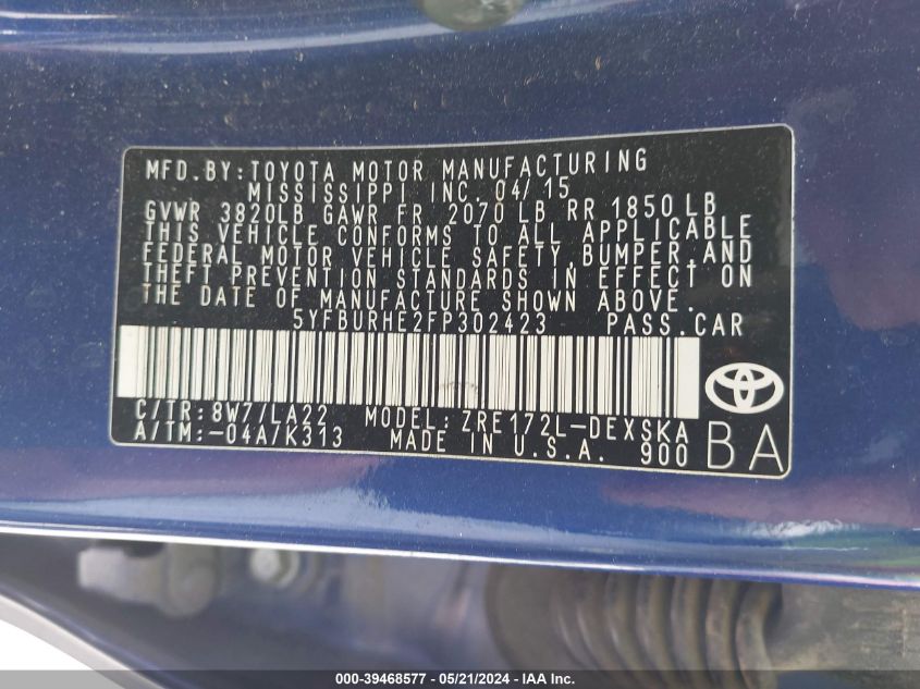 2015 Toyota Corolla S Premium VIN: 5YFBURHE2FP302423 Lot: 39468577