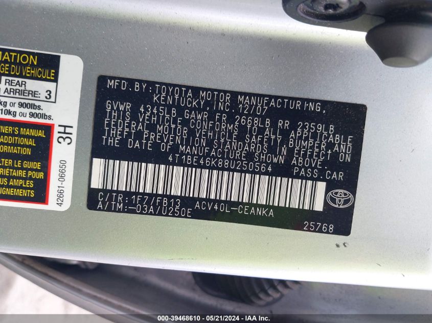 2008 Toyota Camry VIN: 4T1BE46K88U250564 Lot: 39468610
