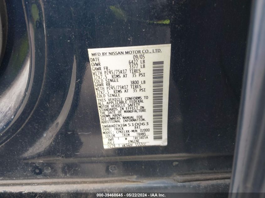 2006 Nissan Titan Xe VIN: 1N6BA07A16N510063 Lot: 39468645