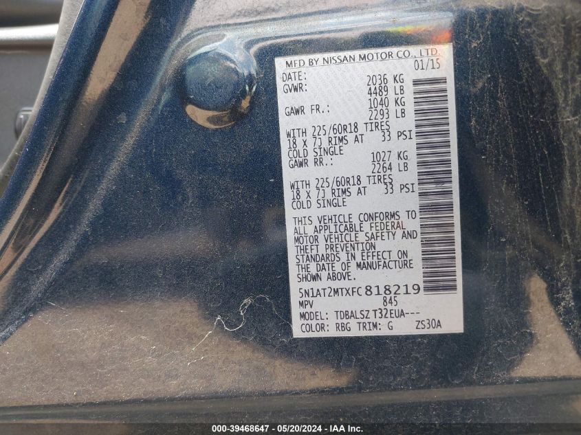 2015 Nissan Rogue Sl VIN: 5N1AT2MTXFC818219 Lot: 39468647