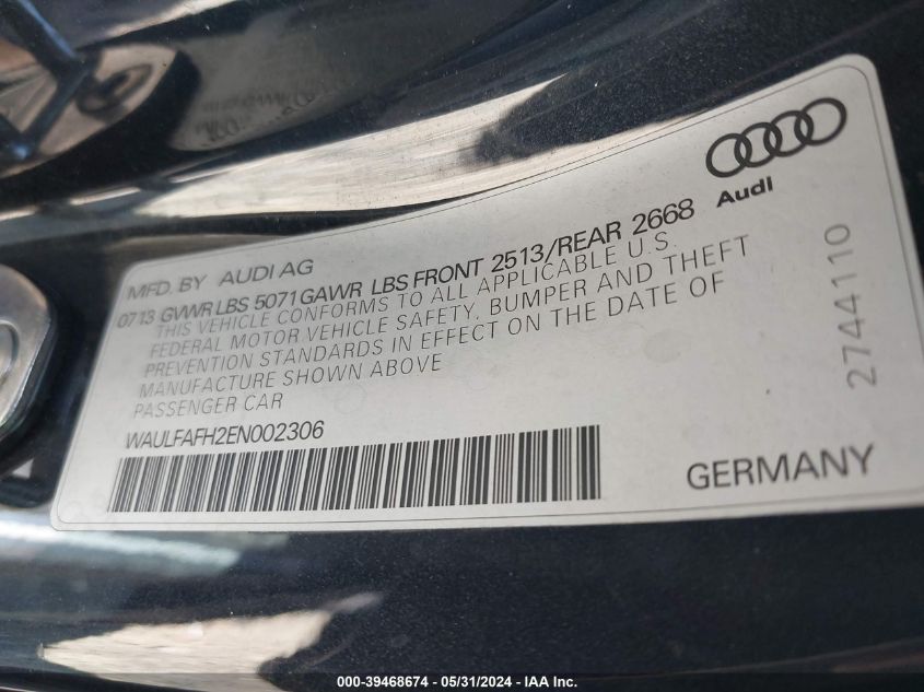 2014 Audi A5 2.0T Premium VIN: WAULFAFH2EN002306 Lot: 39468674