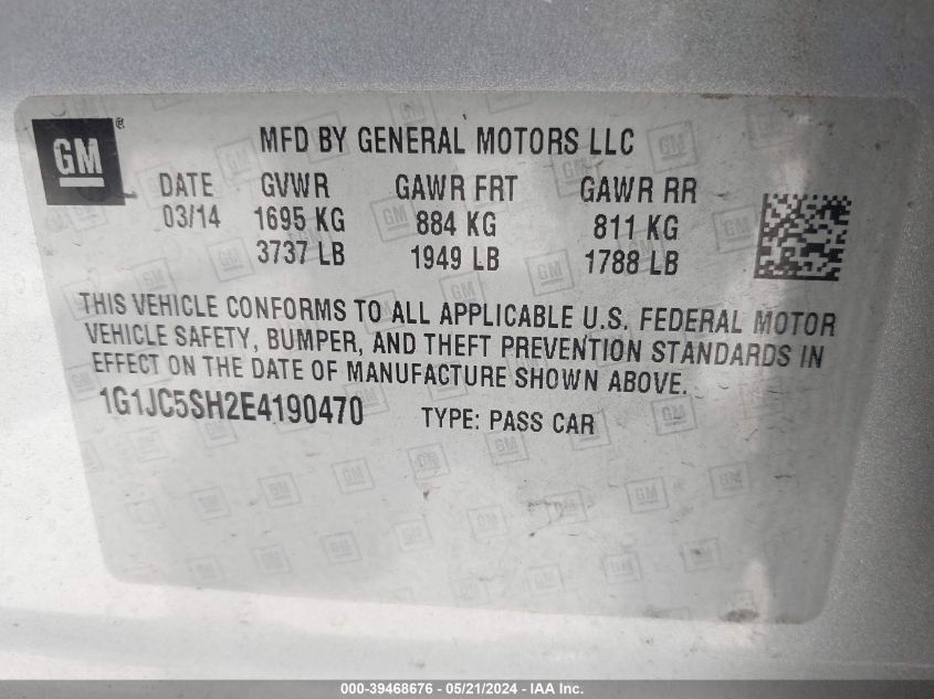 2014 Chevrolet Sonic Lt Auto VIN: 1G1JC5SH2E4190470 Lot: 39468676