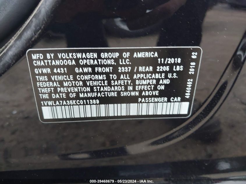 2019 Volkswagen Passat 2.0T Wolfsburg Edition VIN: 1VWLA7A35KC011389 Lot: 39468679