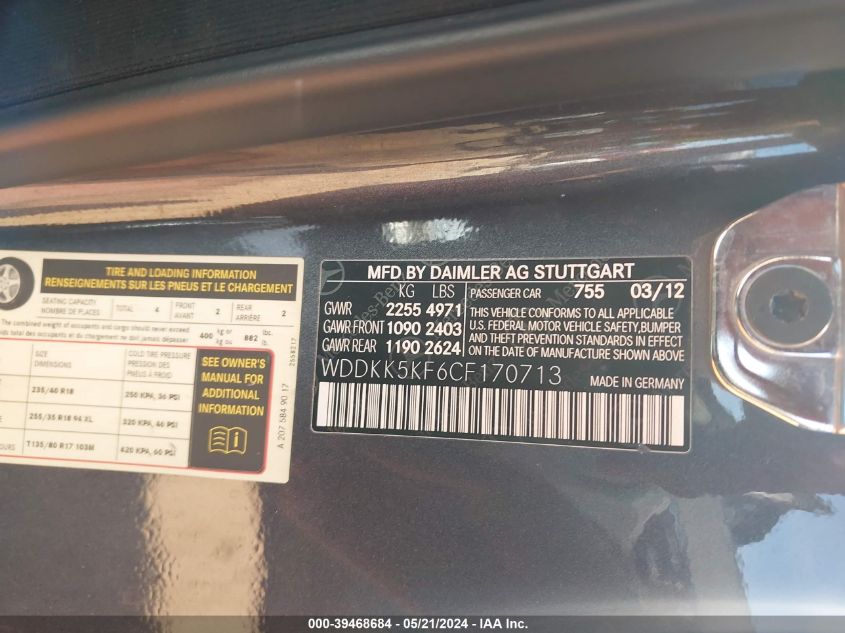 2012 Mercedes-Benz E 350 VIN: WDDKK5KF6CF170713 Lot: 39468684