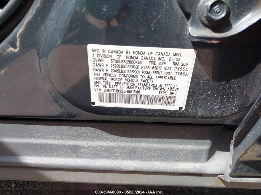 2005 Acura Mdx VIN: 2HNYD18225H551546 Lot: 39468693