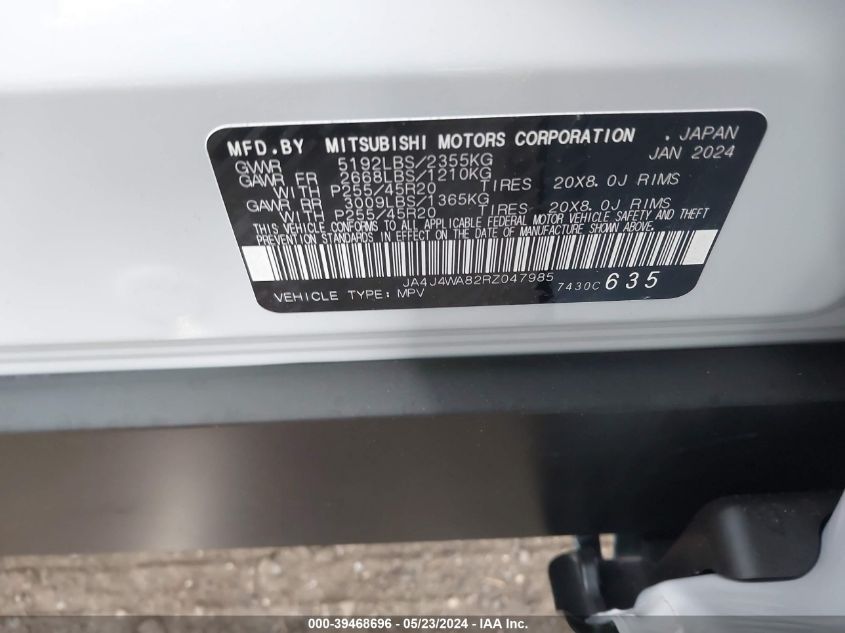 2024 Mitsubishi Outlander Sel 2.5 S-Awc VIN: JA4J4WA82RZ047985 Lot: 39468696