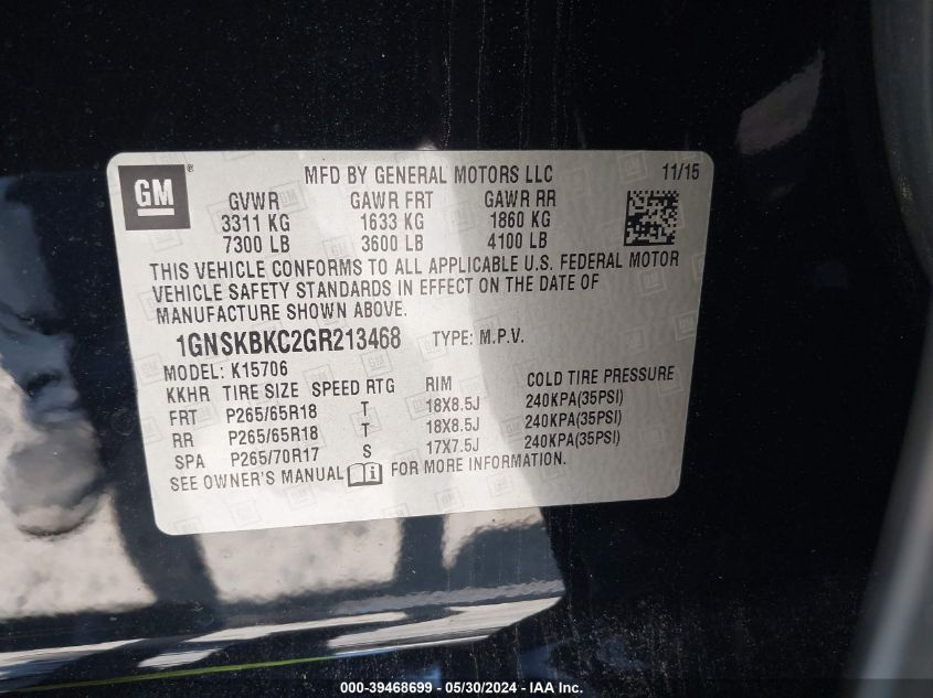 2016 Chevrolet Tahoe K1500 Lt VIN: 1GNSKBKC2GR213468 Lot: 39468699