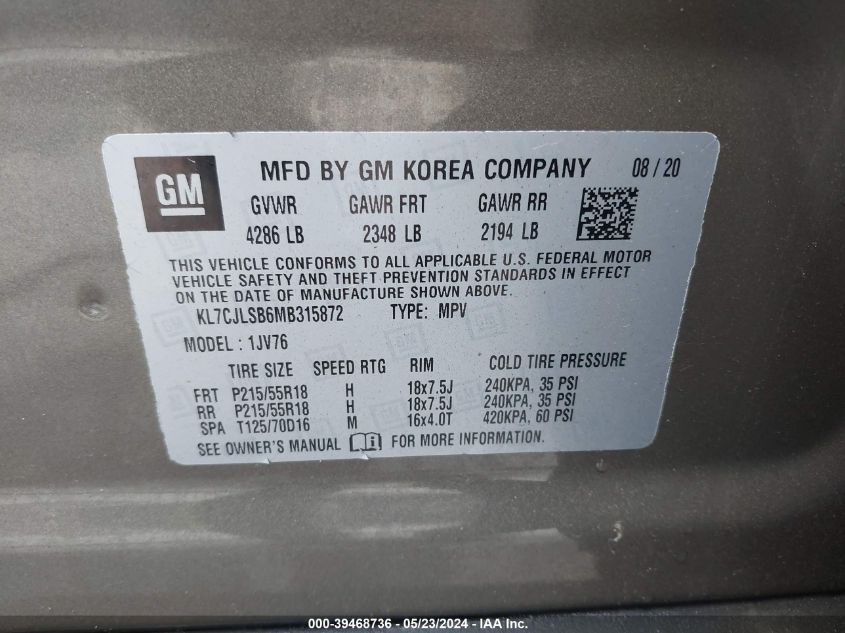 2021 Chevrolet Trax Fwd Lt VIN: KL7CJLSB6MB315872 Lot: 39468736