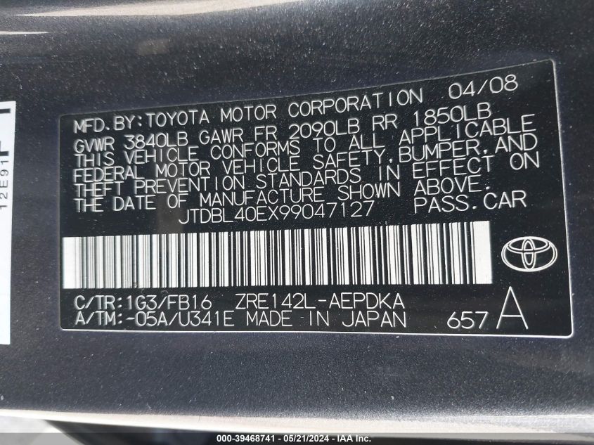 2009 Toyota Corolla VIN: JTDBL40EX99047127 Lot: 39468741