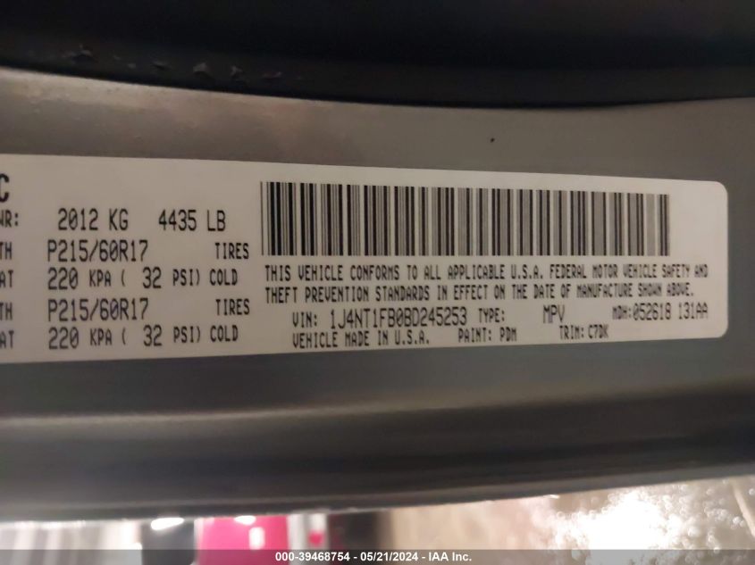 2011 Jeep Compass VIN: 1J4NT1FB0BD245253 Lot: 39468754