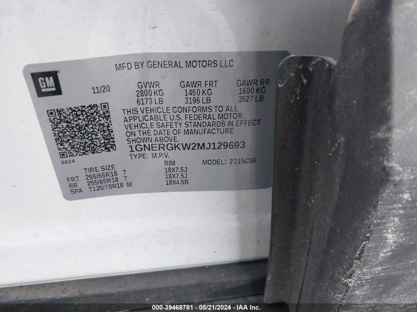 2021 Chevrolet Traverse Fwd Lt Cloth VIN: 1GNERGKW2MJ129693 Lot: 39468781