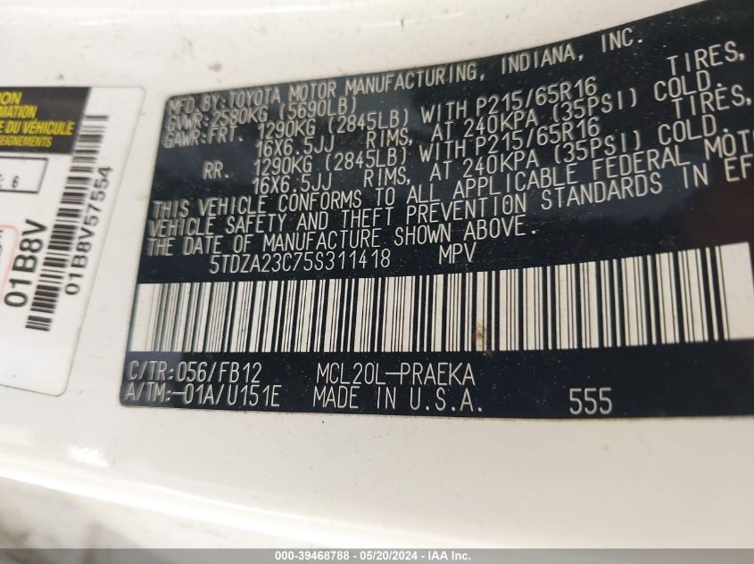 2005 Toyota Sienna Le VIN: 5TDZA23C75S311418 Lot: 39468788