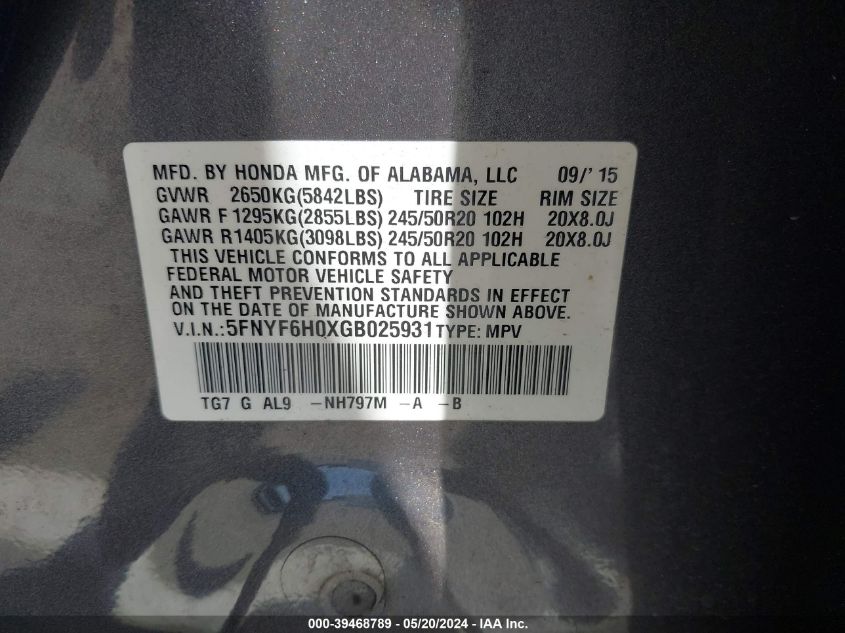 2016 Honda Pilot Elite VIN: 5FNYF6H0XGB025931 Lot: 39468789