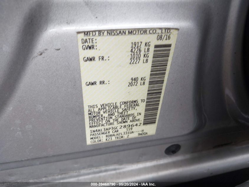 2016 Nissan Altima 2.5 Sr VIN: 1N4AL3AP3GC289642 Lot: 39468790