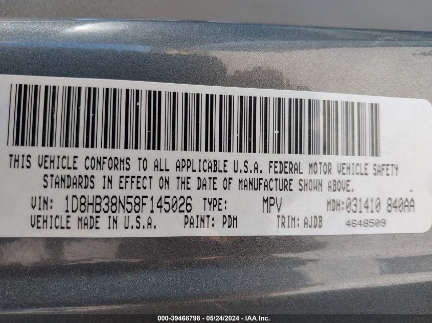 2008 Dodge Durango Sxt VIN: 1D8HB38N58F145026 Lot: 39468798